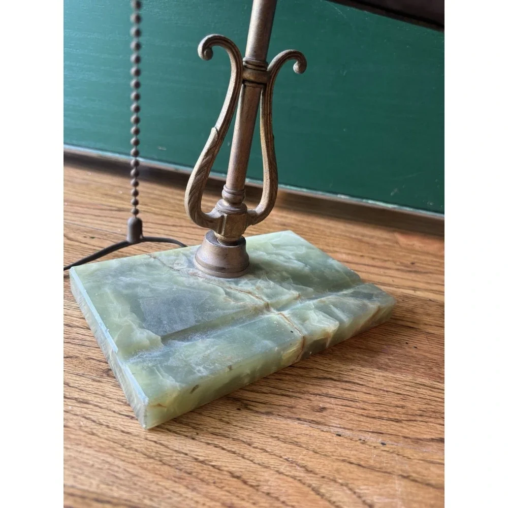 Vintage‎ Banker's Desk Lamp | Green Marble Base | Brass Lyre Stem | Mid Century
